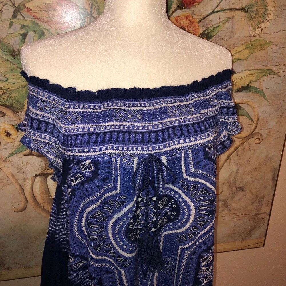 Sz M Band of Gypsies Coverup Smock Dress Off the Shoulder Blue Multiprint 861490